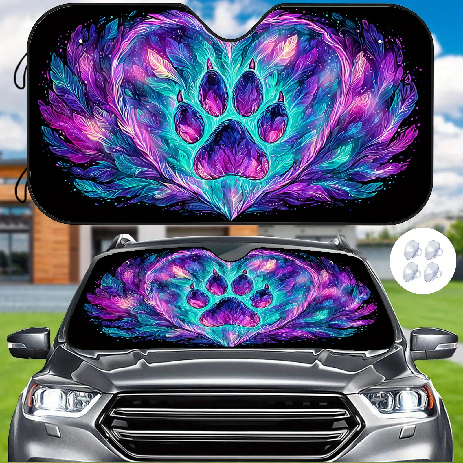 Dazzling Paw Print Car Sunshade, Feather Heart-Surrounded Paw Print Pattern, Heat Insulation And Sun Protection To Keep The Car