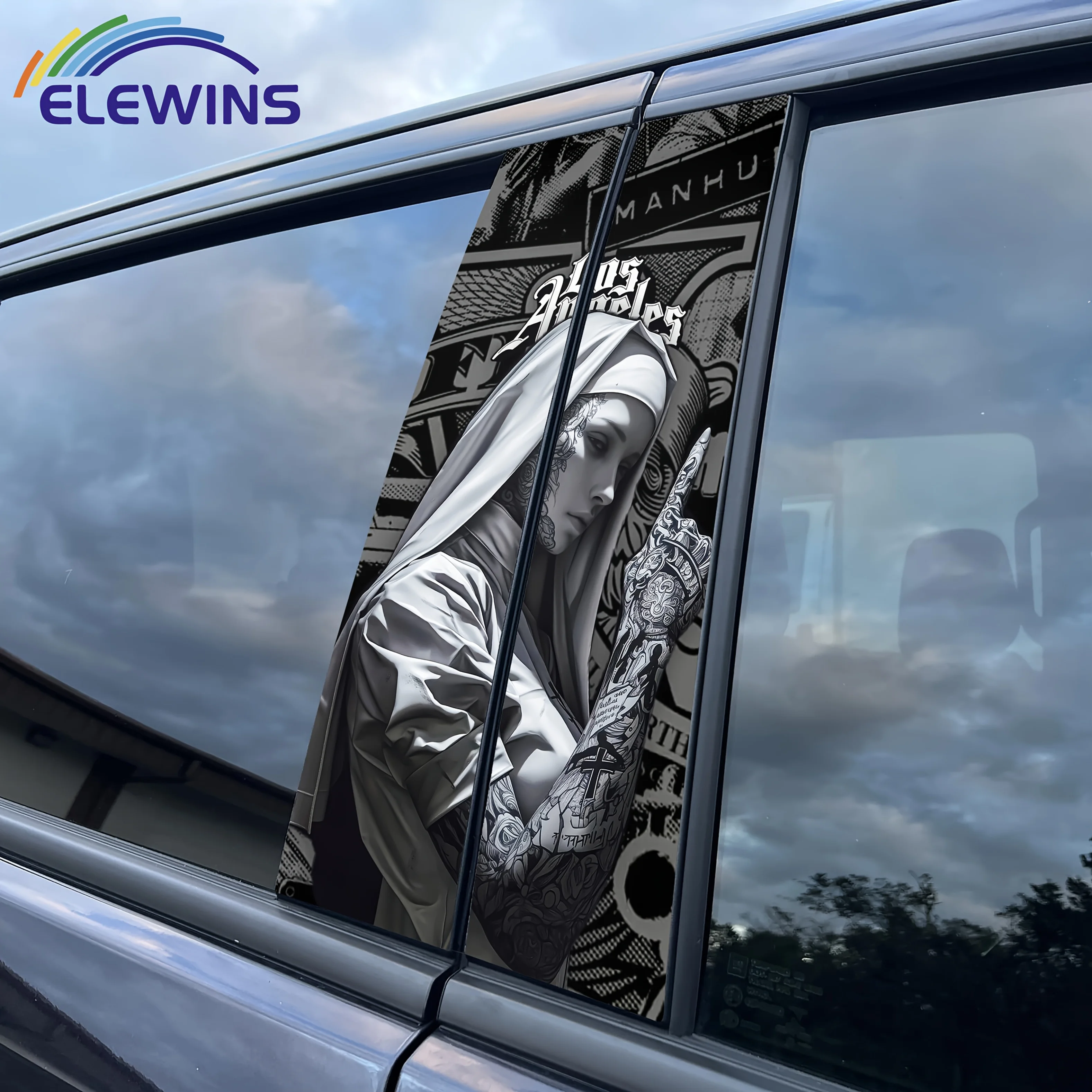 

2-Piece tattoo girl car sticker, easy-to-tear and easy-to-stick B-pillar protective decorative film, car B-pillar decal, car