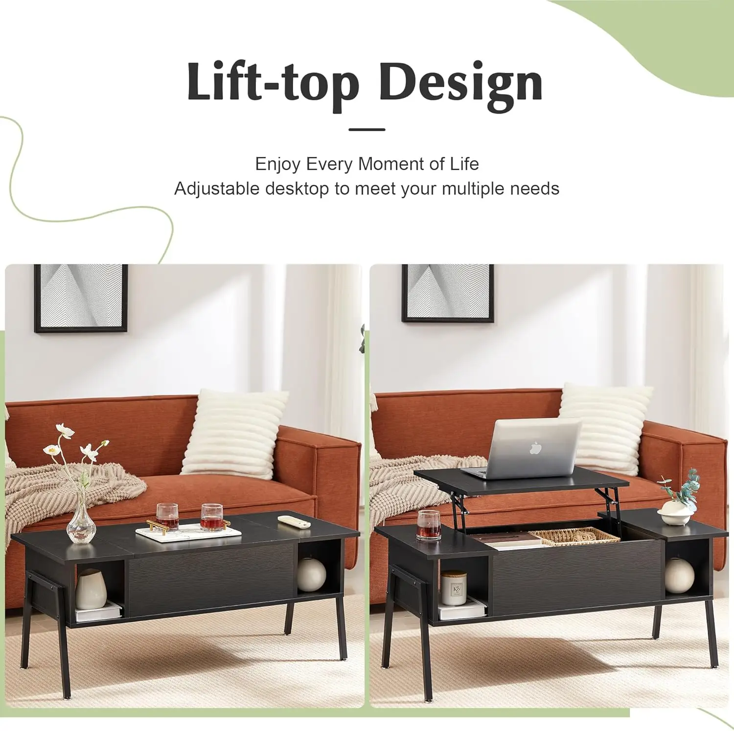 Журнальный столик VECELO с деревянным подъемным верхом и потайным отделением, полка для хранения вещей, стойкая столешница для гостиной/офиса, черный