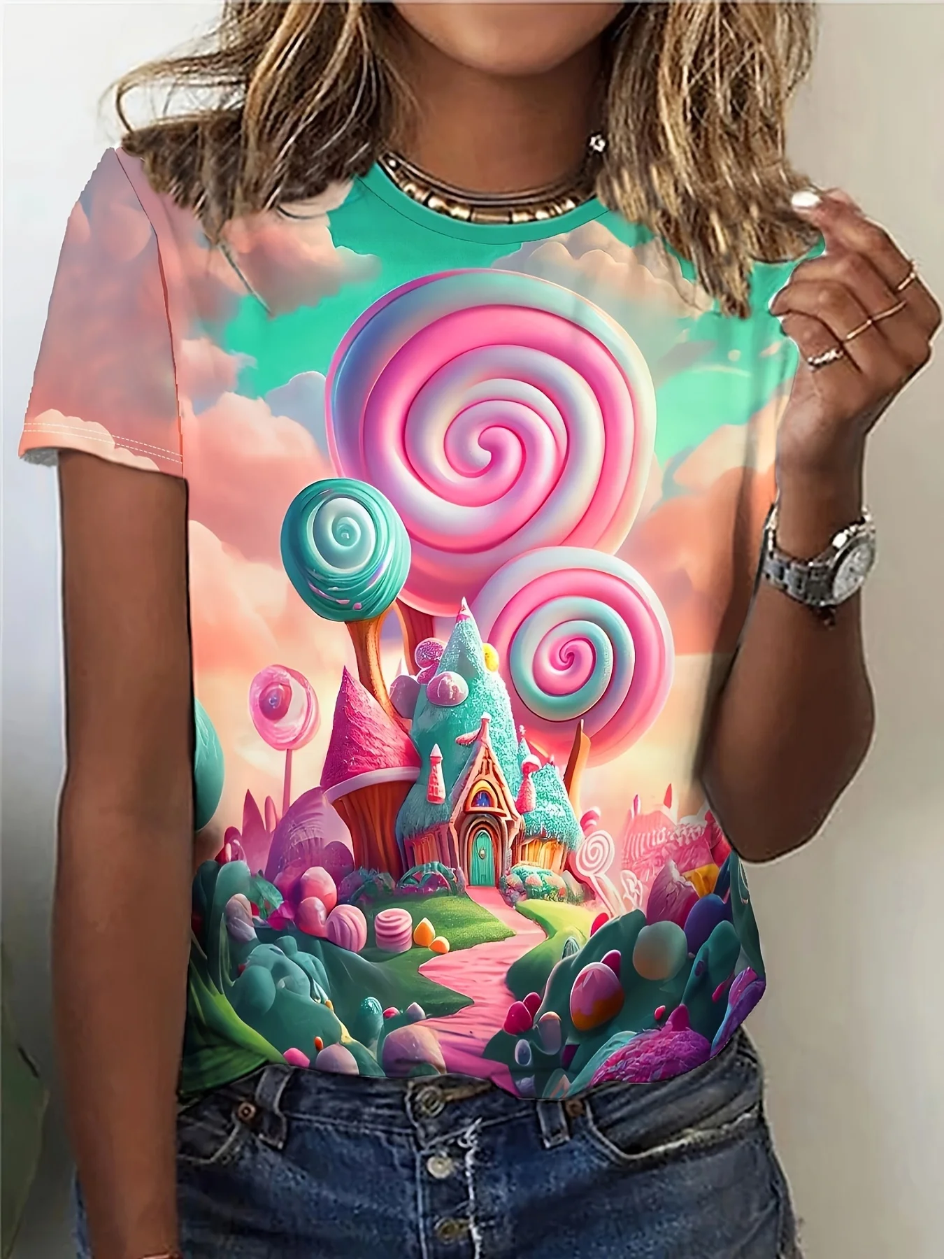 Women's T-shirt Fantasy Candy Castle Lollipop Sky Print Crew Neck Short Sleeve Loose Fit Sweet Dreamy Casual Daily women Tops