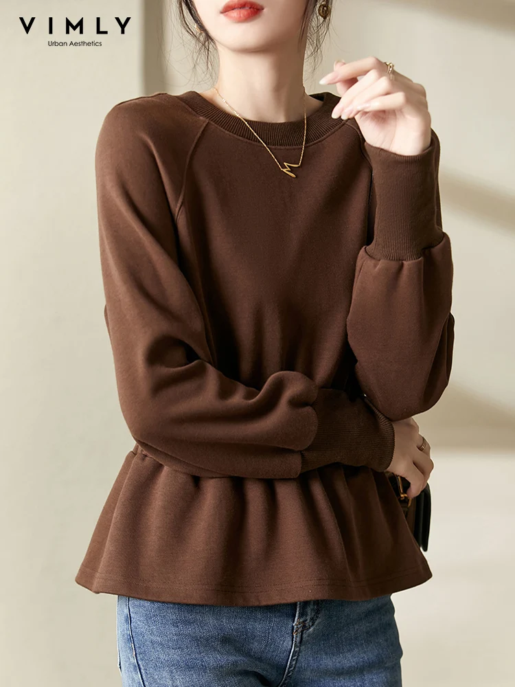 Vimly Round Neck Pullovers Peplum Sweatshirt Women 2023 Autumn Winter Fashion Coffee Long Sleeve Tops Female Clothing V3817