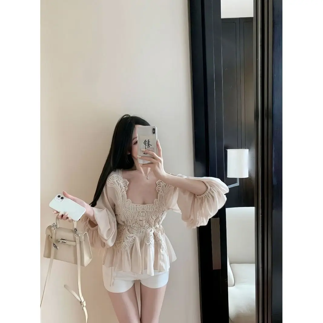 Summer and Autumn Casual Lace Patchwork French Bubble Sleeve Design Niche Shirt Camisole Chiffon Shirt for Women