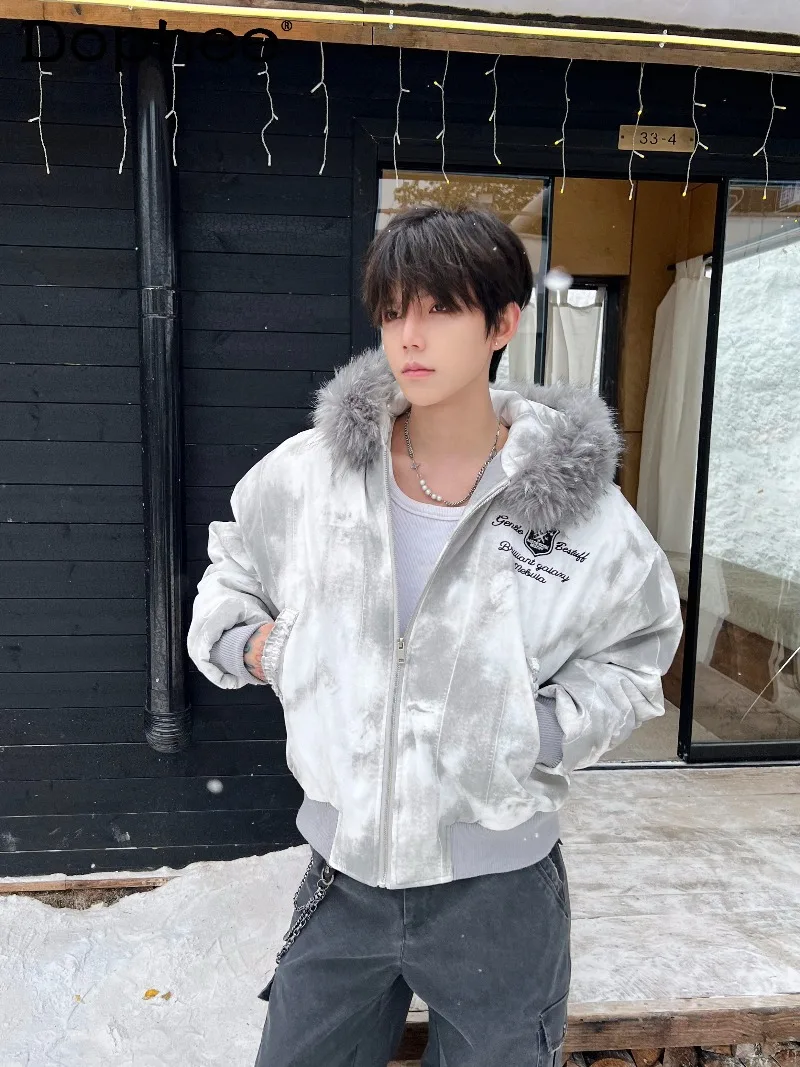 

American Retro Fashion Trend Fur Collar Hooded Zipper Jacket Thickened Warm Fleece Loose Coat Unisex