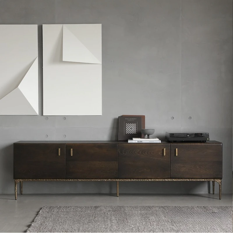 

Nordic solid wood TV cabinet living room household small apartment oak smoke color industrial style