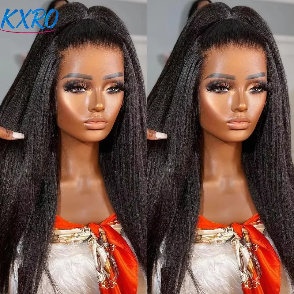 Perruques sans colle en cheveux humains brésiliens vierges, texture Kinky Straight et Yaki Straight, densité 250%, avec frontal en dentelle HD transparente 13x4, pour femmes