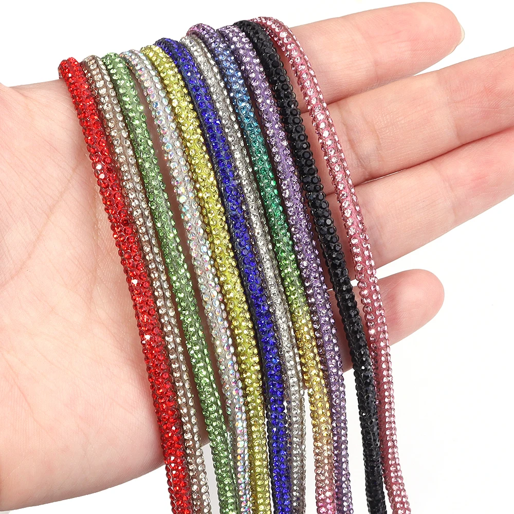 5yards/roll 4mm Glass Crystal Rhinestone Cord Trim Cotton Rope Iron On Applique DIY for Clothes Shoes Bags Sewing Decoration