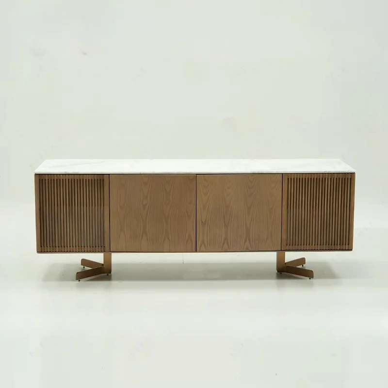 Modern lightweight luxury solid wood storage sideboard with natural marble top