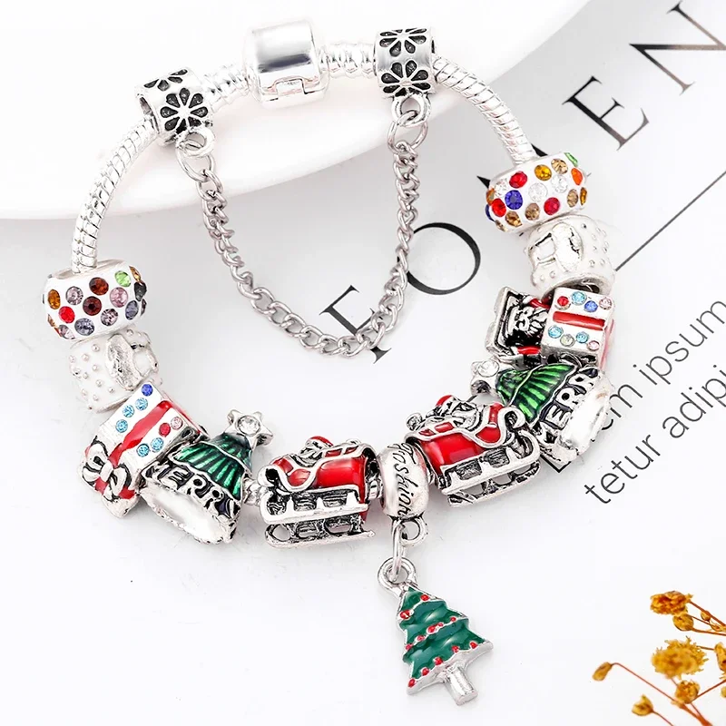 DINGLLY Christmas Series White Cedar Santa Pendant Bracelets Kids Male Female Bangle DIY Rhinestone Bracelet New Year Gift