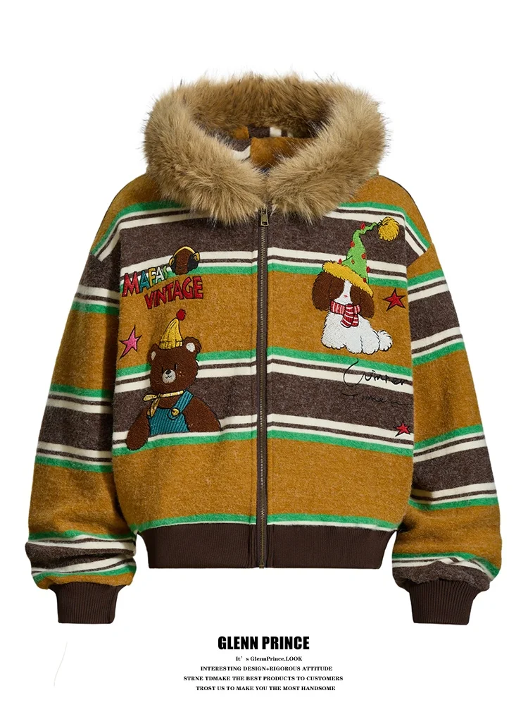 

Мужская зимняя куртка GPstudio с меховым воротником, вышивкой в виде медведя, в ретро-стиле, с капюшоном, утепленная, на молнии...