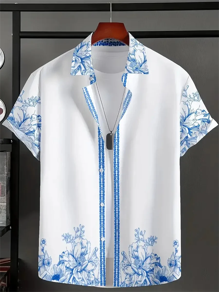 New Summer Men's Shirt with Blue and White Porcelain Floral Print, Short-Sleeve Shirt, Casual Loose-Fitting Lapel Hawaiian Shirt