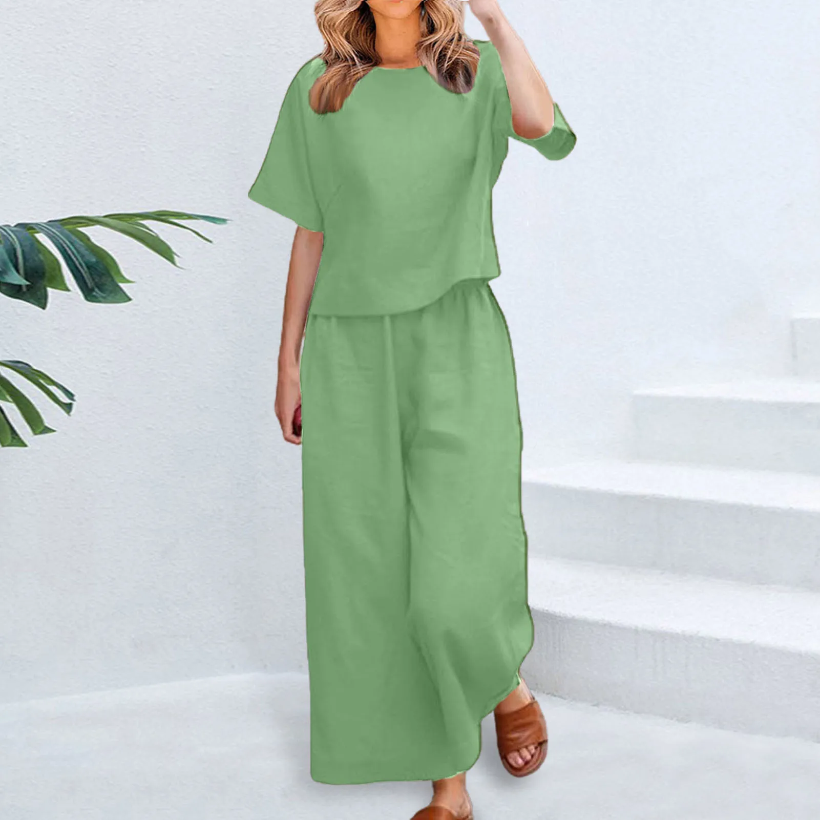 Conjunto de traje de verano para mujer, camiseta elegante, pantalones de pierna ancha con cintura ajustable, cuello redondo de 2 piezas, Color sólido para todos los días