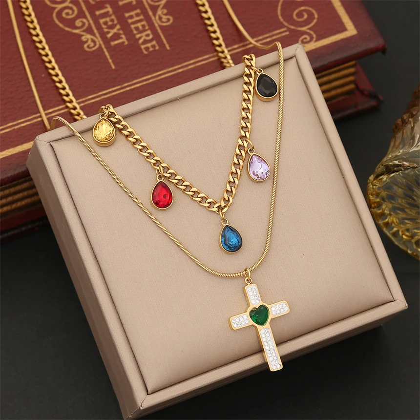 Acciaio inossidabile 316L Vintage colorato zircone goccia d'acqua croce fascino catena collane orecchini moda gioielli alti regali per feste