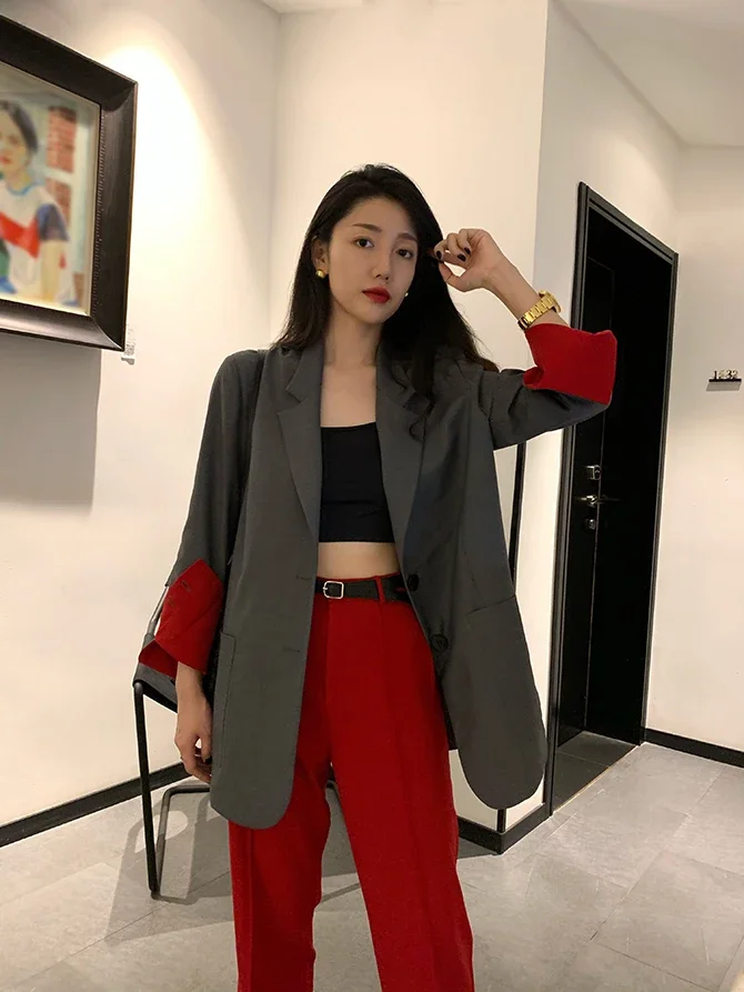 Office Ladies Plaid Blazer Korean Niche Stylish Grey Slim Contrast Color Blazers 2024 New Female Jacket Mujer