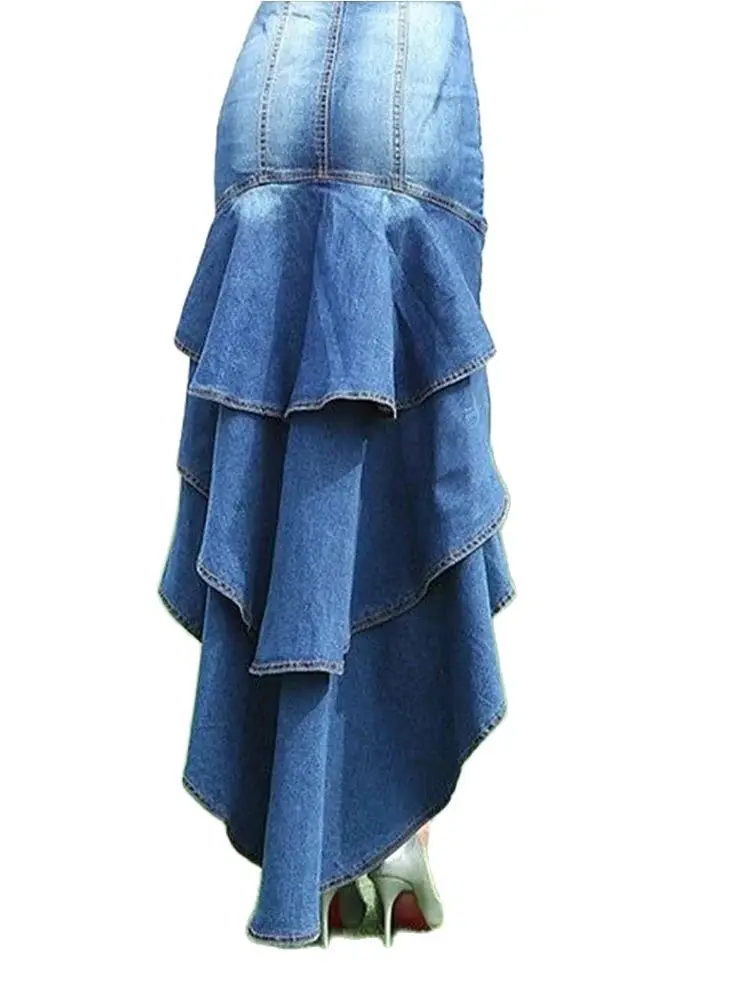 Women Ruffle Asymmetric Denim Skirt High Waist Vintage Casual Sexy Skinny Chic Fashion Female Denim Tight Fitting Long Skirts