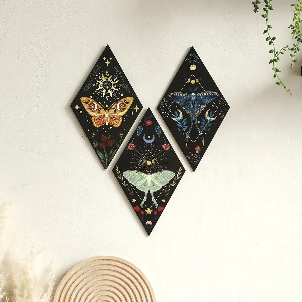 Decorative Plate Sun Moon Wooden Wall Decor Dark Style Boho Butterfly Wall Decor Flower Rhomboid Shape Wall Art Sign Home Decor