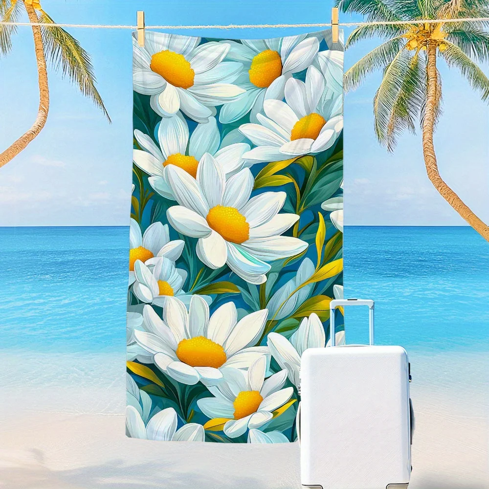 

1 Oversized Beach Towel - Modern floral pattern, white daisies with yellow heart, perfect for the beach, pool, travel