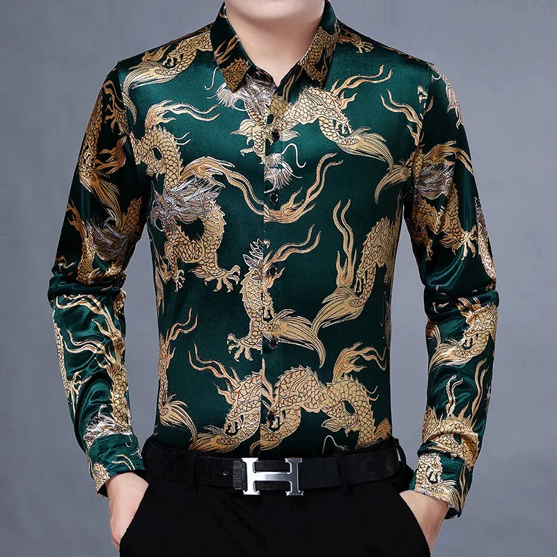 Bronzing Luxury Chinese Style Shirts For Men Long Sleeved Casual Spring New Quality Velvet Smooth Comfortable Slim Chemise Homme