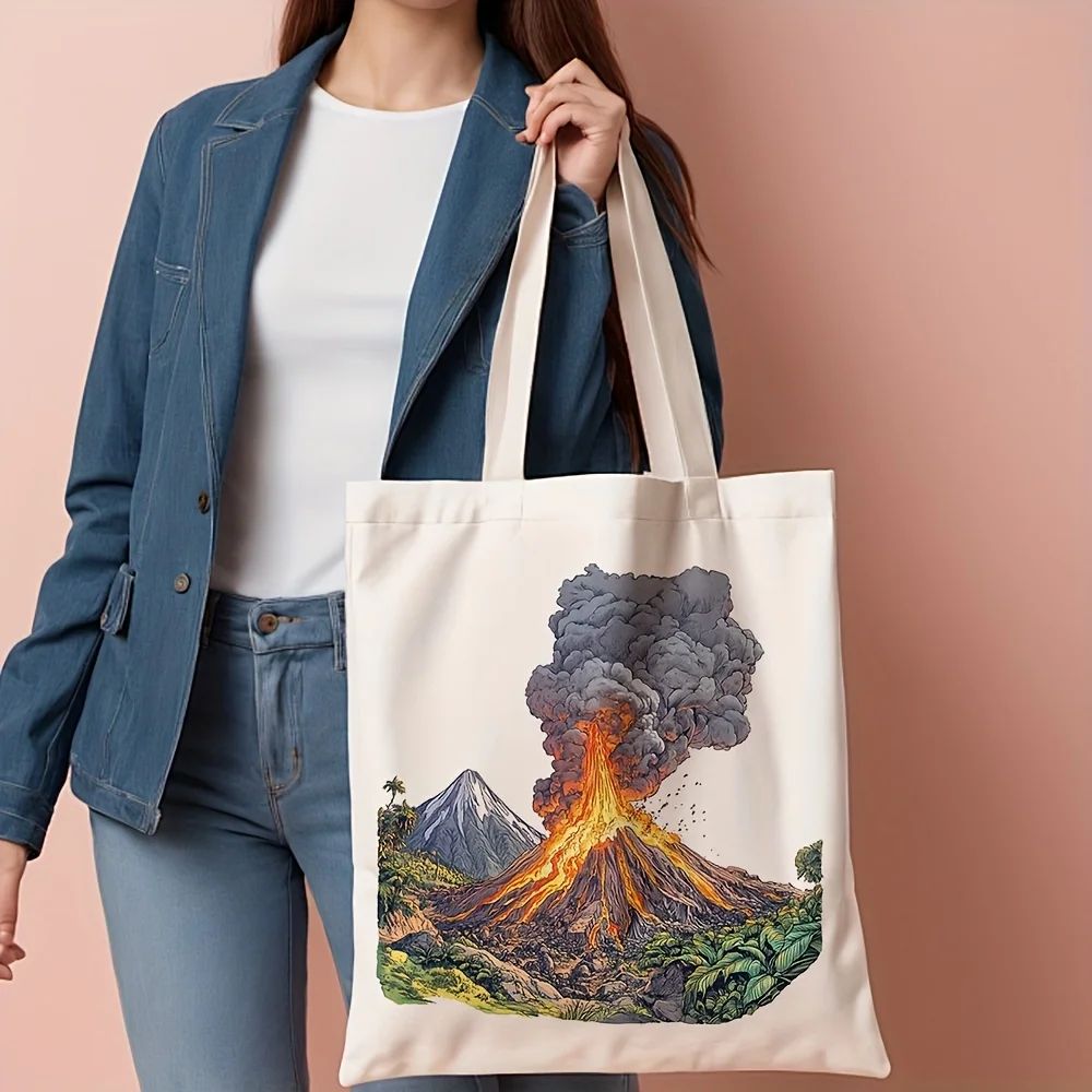 1pc Volcano Eruption Canvas Tote Bag - 35.05cm x 40.13cm Reusable Grocery Bag with Vibrant Volcanic Art, Durable Polyester Canva
