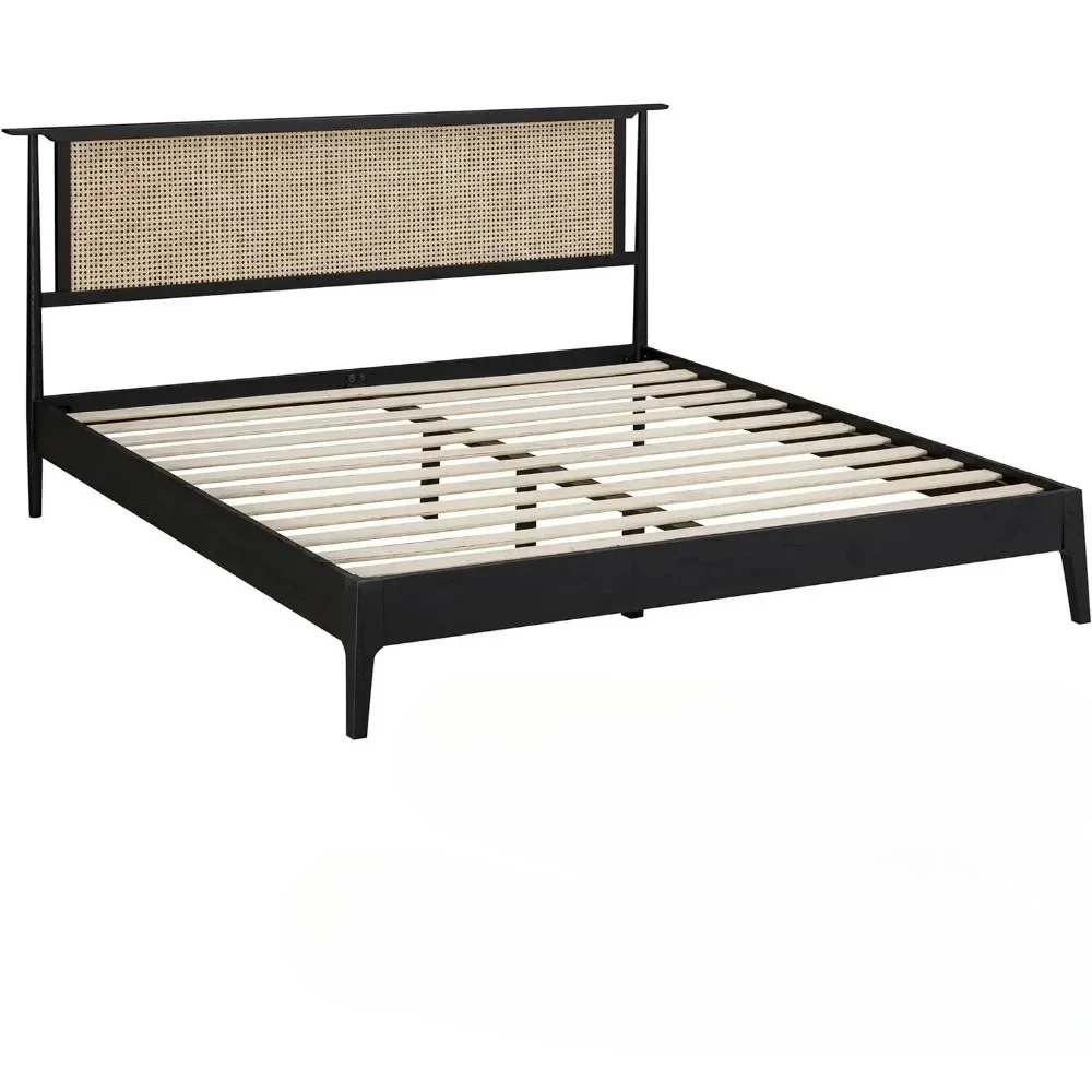 

#For Ruby Wooden Bed Frame With Headboard and Natural Rattan 1000 Lb Capacity Effortless Assembly Bed Bases Queen/King Bedroom&