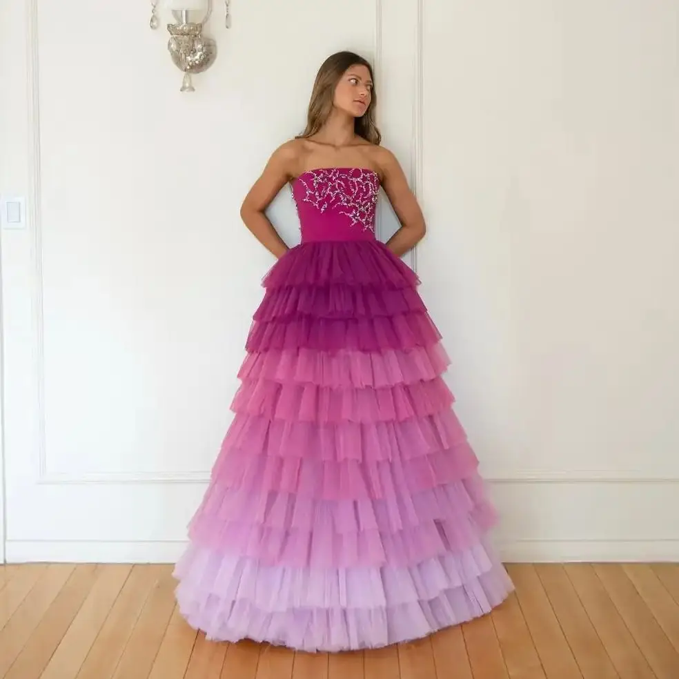 

Ofherown Strapless Ombre Tulle Ball Gowns Magenta Pink Tiered Ruffle Evening Dresses with Beaded Bodice Formal Prom Party Gown