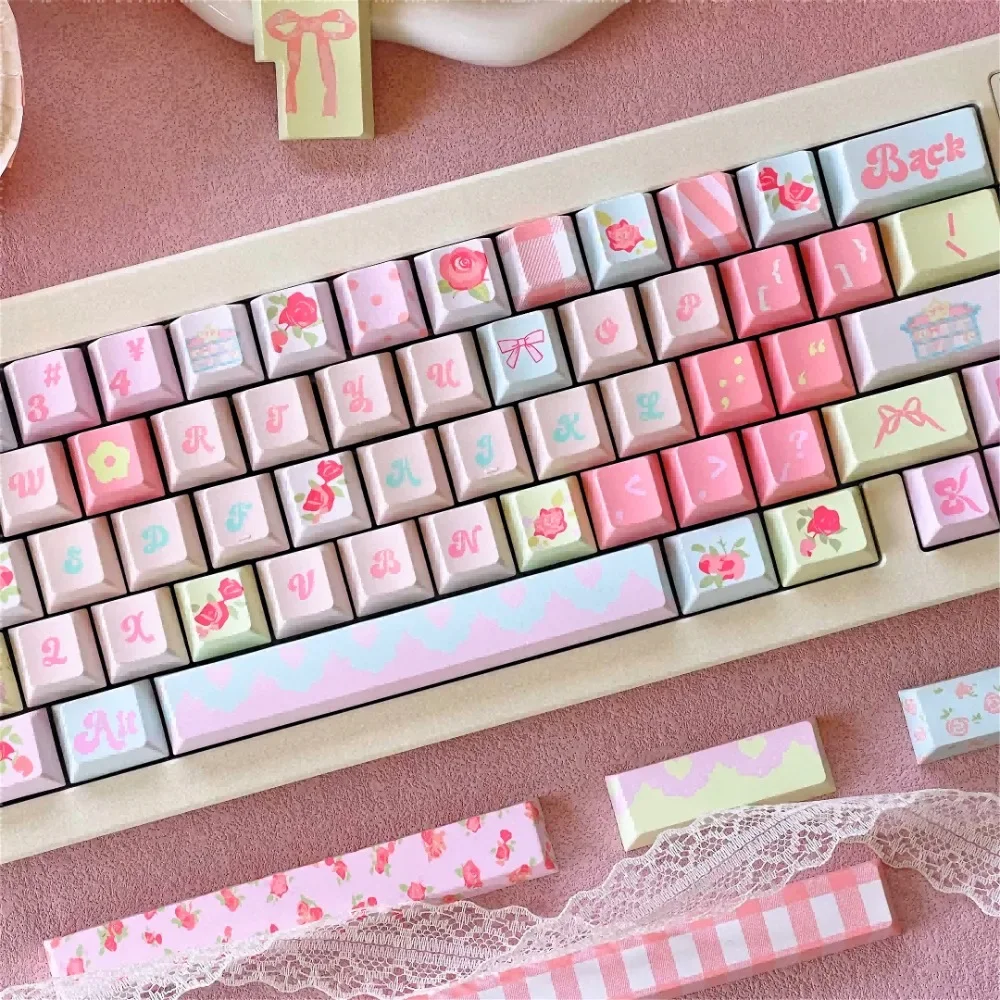 Keyboard Keycaps, Rose Ice Dream, Cherry, Small Full PBT for Cherry MX 104/87/61 Mechanical Keyboard Accessories