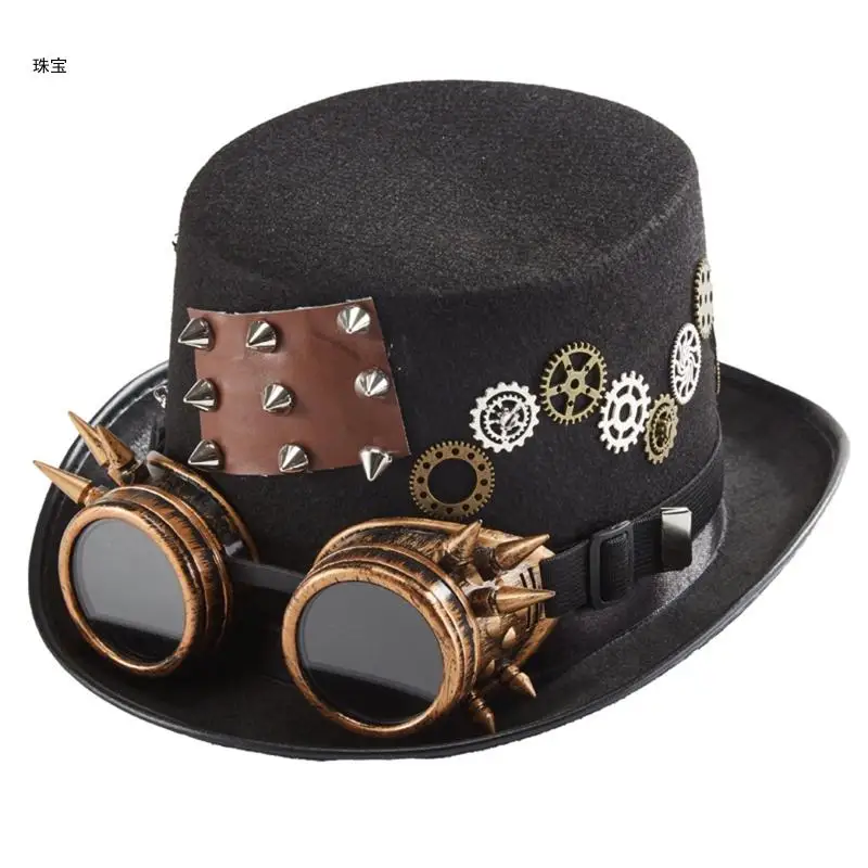 

X5QE Gothic Steampunk Hat Top Hat with Goggles Rivet Gear Halloween Hat for Men Women