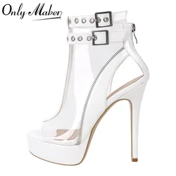 Onlymaker Women High-Heeled Peep Toe Shoes Transparent Thin Heel Sexy Big Size Sexy Nightclub Pole Dancing Pvc Sandals