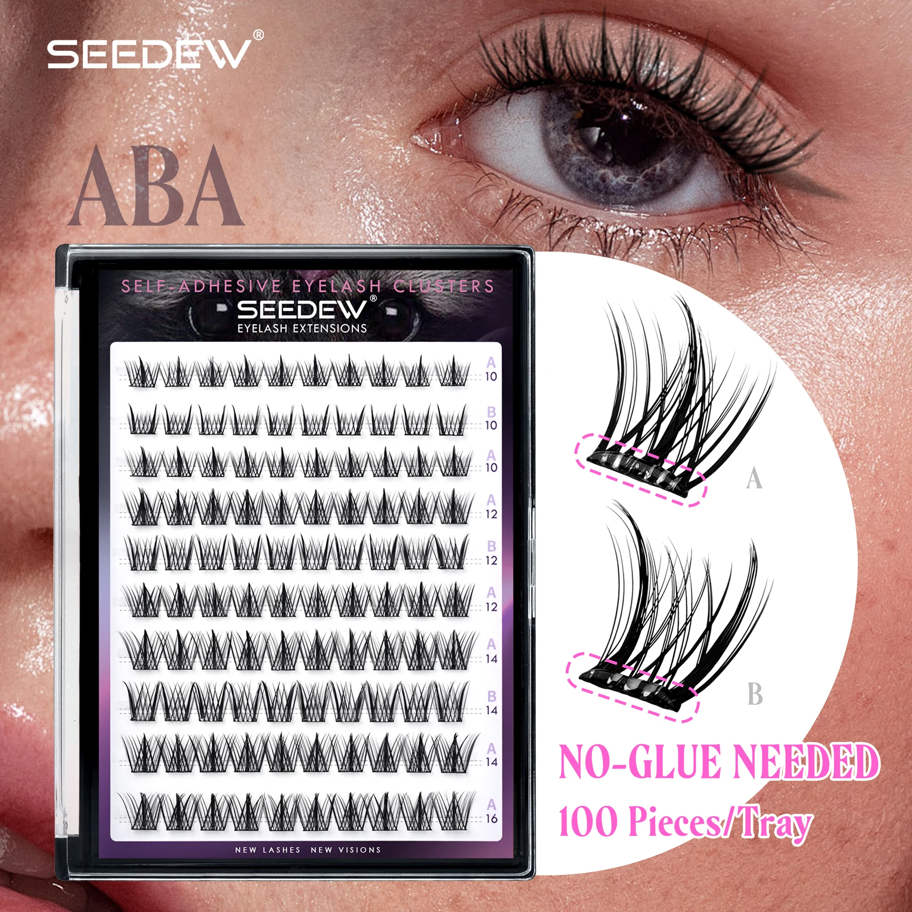 

Seedew 100Pcs ABA Self Adhesive Eyelashes NO Glue Needed Cluster Lashes 0.07 C DIY Lashes Extension Individual Lashes