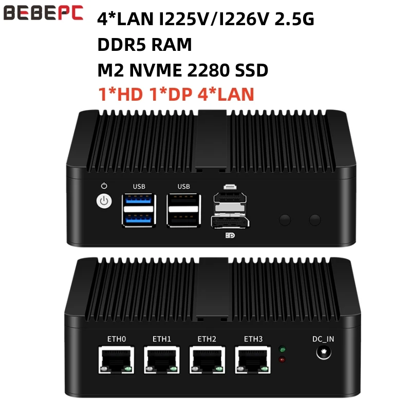 BEBEPC-كمبيوتر صناعي صغير ، انتل N100 ، 1 * HD ، 1 * DP ، 4 * INTEI-I225V ، I226V ، 2.5G ، NVME 2280 ، SSD ، 16G ، DDR5 ، 3G ، 4G ، واي فاي ، Win10 ، 11 لينكس راوتر