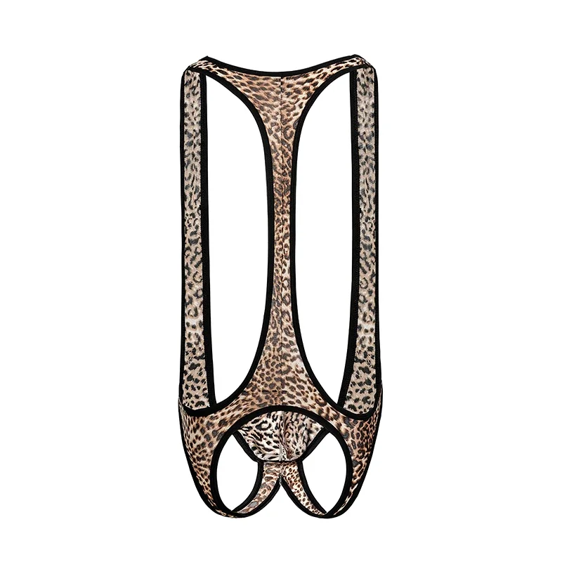 مثير الرجال نيسيس ليوبارد مثير منامة مفتوحة بعقب ارتداءها Lungewear طقم داخلي للجسم رجل بذلة المصارعة المشكل مثلي الجنس بذلة