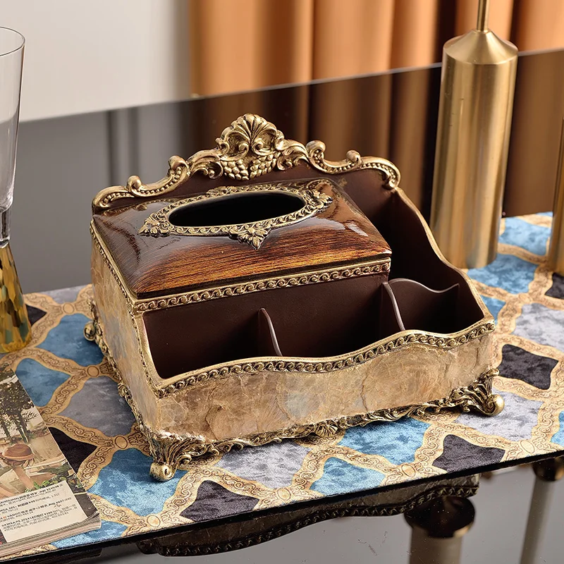 

European shell craft multi-functional tissue box retro luxury ornament remote control storage box napkin box pumping carton
