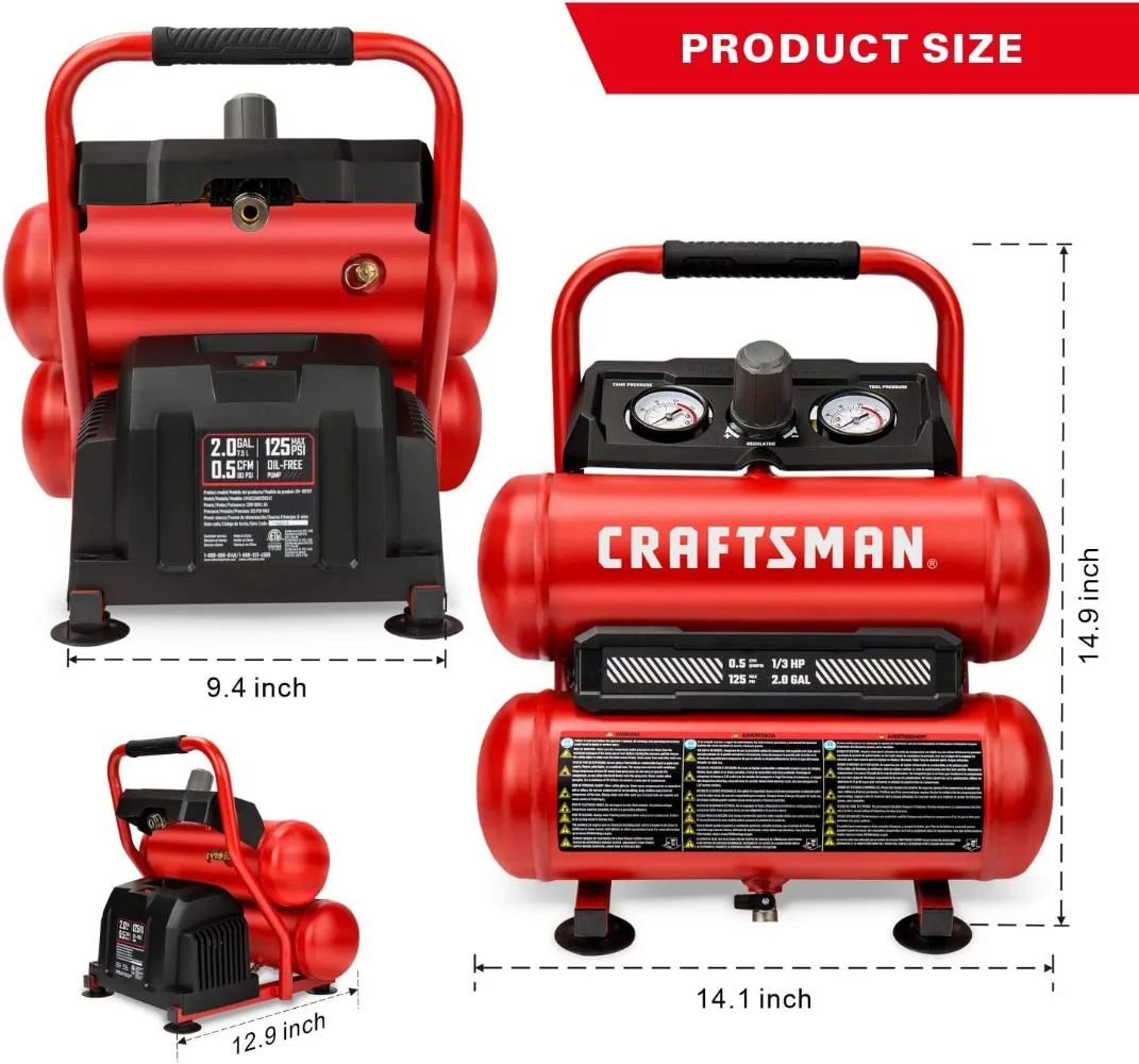 Compressor de ar portátil ferramenta de ar tanque duplo 2 galões, 1/3 HP pressão máxima de 125 PSI sem óleo, modelo: CMXECXA 0220242 , Vermelho