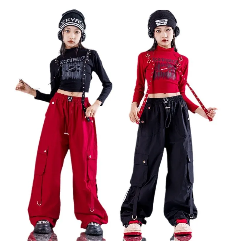 طفل الهيب هوب الملابس المتعثرة المحاصيل الأعلى تي شيرت أسود السراويل البضائع غير رسمية حزام مطوي تنورة للفتيات أزياء رقص الملابس #3