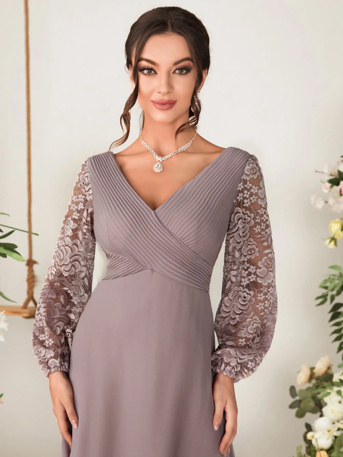 Mgiacy V-neck lace patchwork cross lantern sleeve Romantic chiffon evening ball dress Party dress