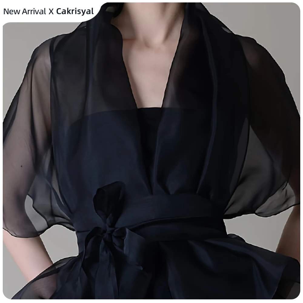 Women's Fashionable Organza Sheer Wrap Blouse Black High Neck Short Sleeve Tie Waist Peplum Top Summer Vacation 2026 Mesh Shirts