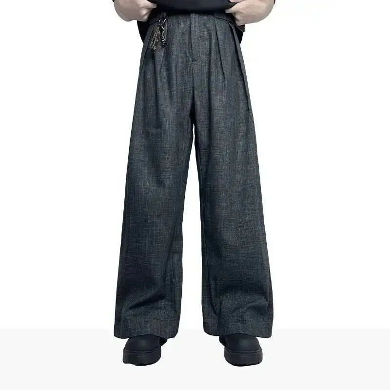 New Men's Suit Pants Plaid Design Pleated Contrast Color Wide Leg Drape Loose Straight-leg All-match Male Trousers BGY67