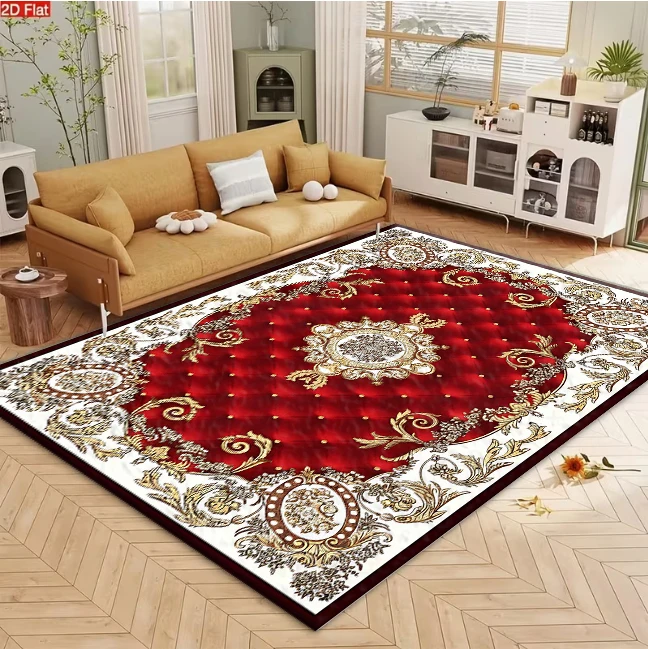 Red Gold Luxury European Medallion Area Rug Classic Living Room Floor Carpet Home Decor