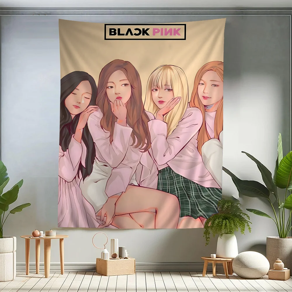 B-BLACK-p-pink Kpop Anime DIY Wall Tapestry Hanging Tarot Hippie Wall Rugs Dorm Home Decor