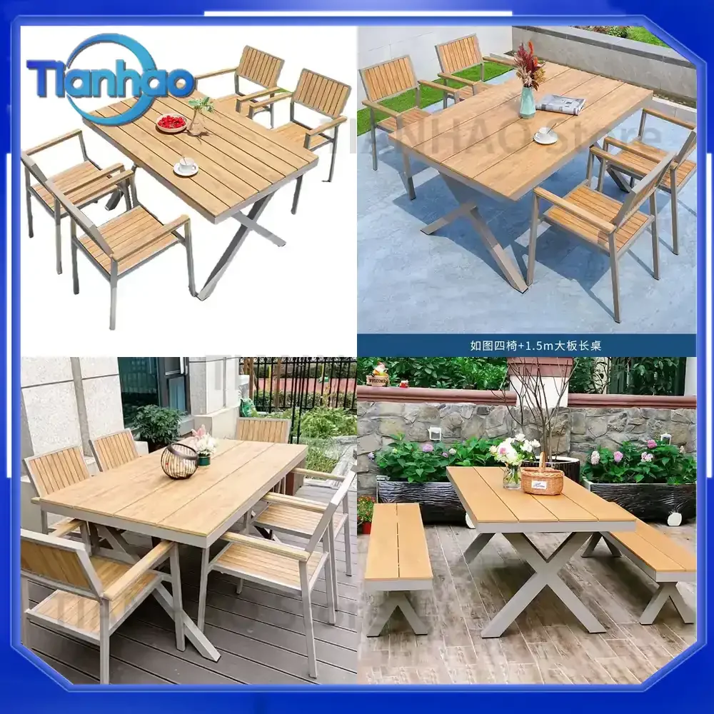 Outdoor Plastic Wood Patio Table and Chairs Set for Open-Air Garden Balcony Furniture Waterproof Sunproof