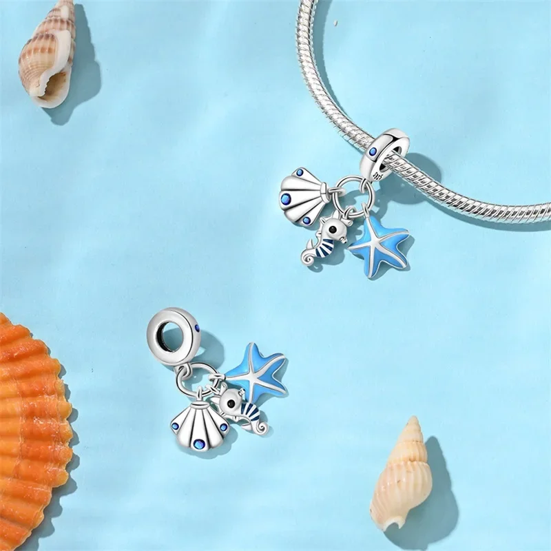 925 Sterling Silver Blue Ocean Ship Lighthouse Starfish Turtle Dolphin Charms Pendants Fit  Bracelets DIY Jewelry Gifts