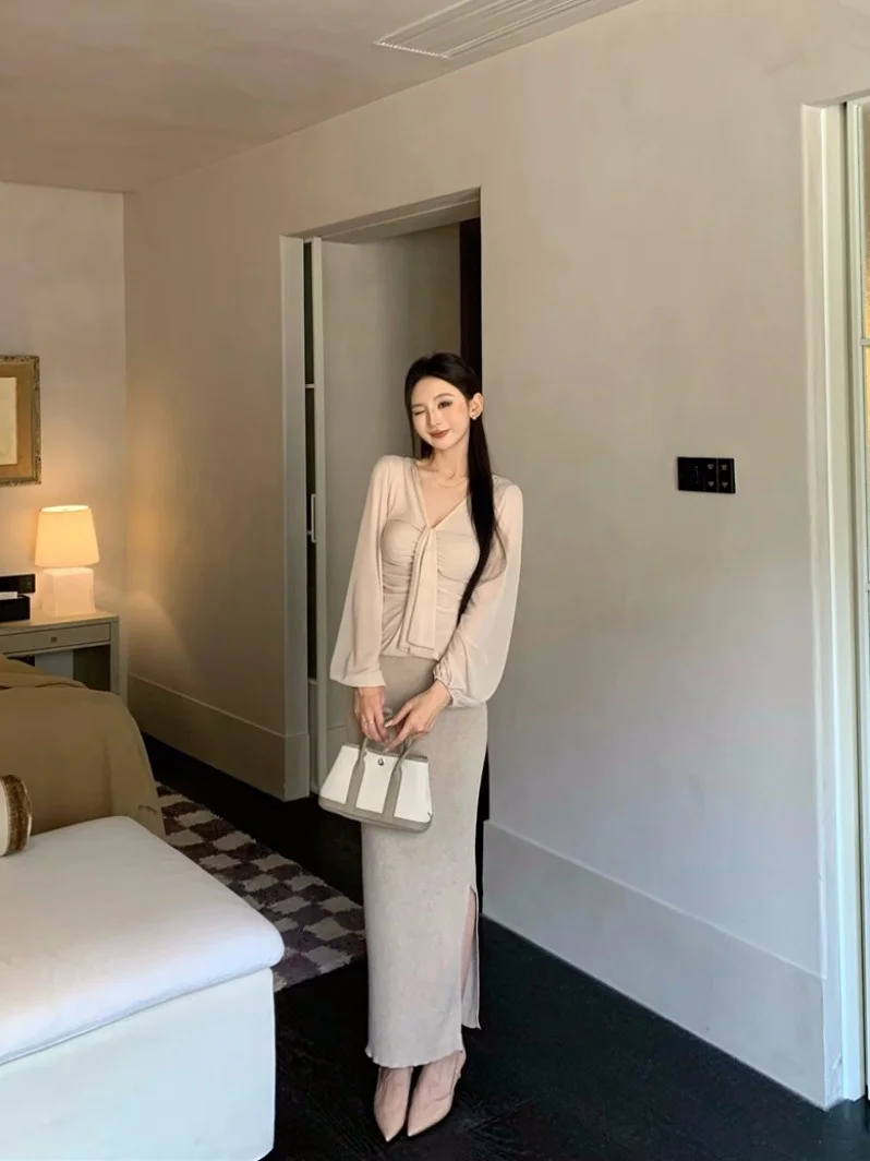 

Slim Fit V-Neck Long Sleeve Mesh T-Shirt Women's Fashion Spring Set High Waist Skirt Bodycon Skirt Two Piece Set