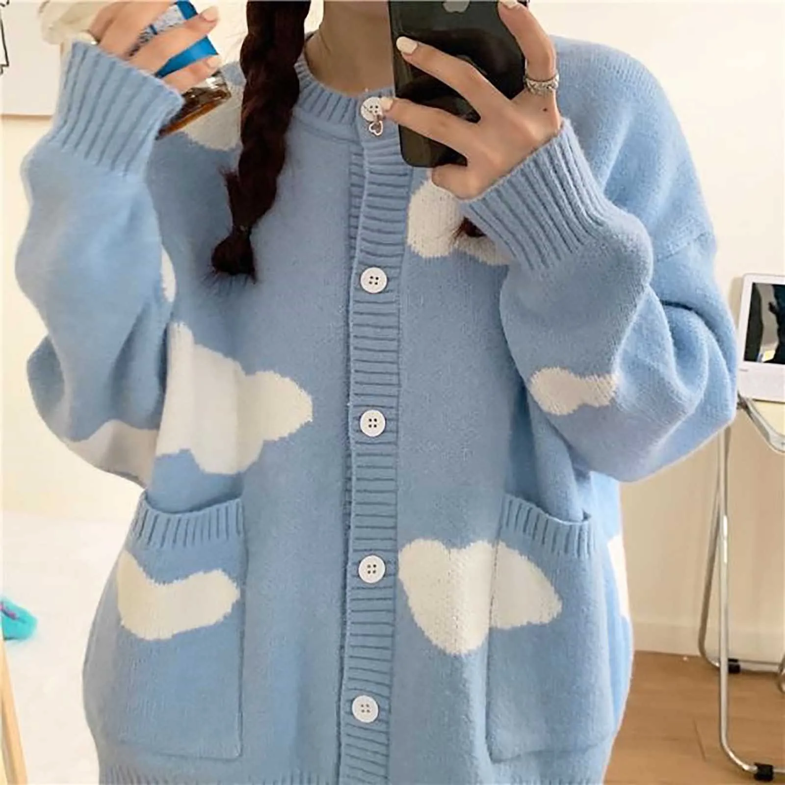 2024 Autumn Winter New Women White Cloud Printed Knitted Cardigan Sweater Casual Long Sleeve Loose Cardigans Coat With Pockets