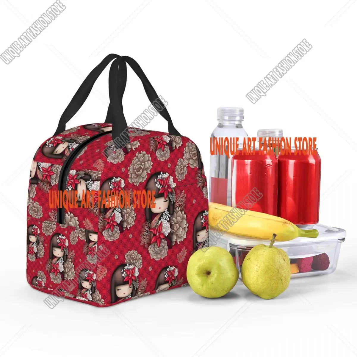 Borsa da pranzo isolata giapponese per bambola Sakura Kokeshi rossa personalizzata per le donne Bento Box termico a tenuta stagna per bambini in età scolare