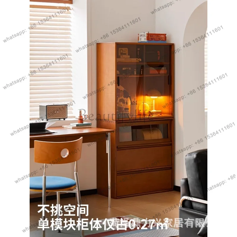 

yj19 Solid wood medieval bookcase with glass door living room retro solid wood storage combination display light luxury wine cab