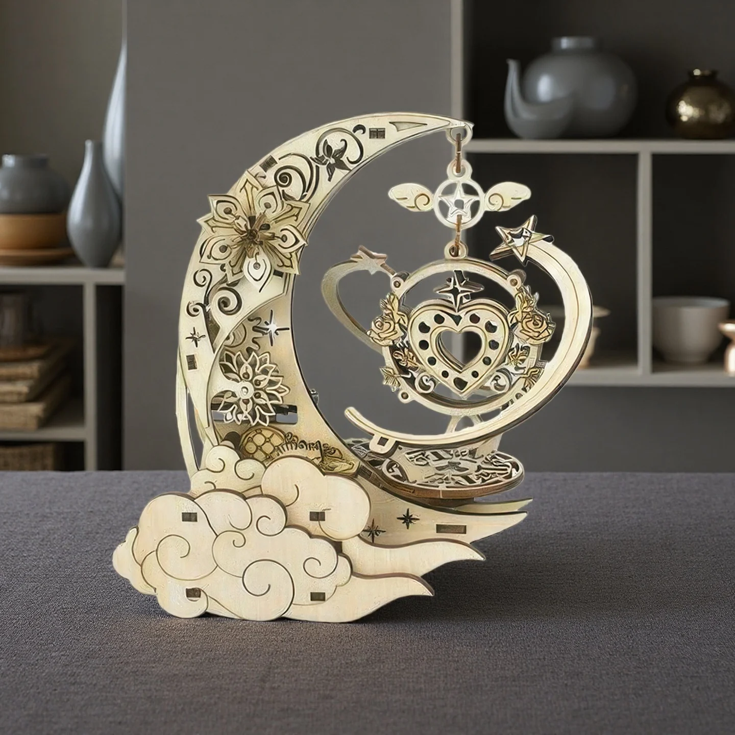 OUZEY 3D木製月面オルゴール - 回転する月模型組み立てキット、大人と14歳以上のティーン向けのDIY STEM教育クラフト