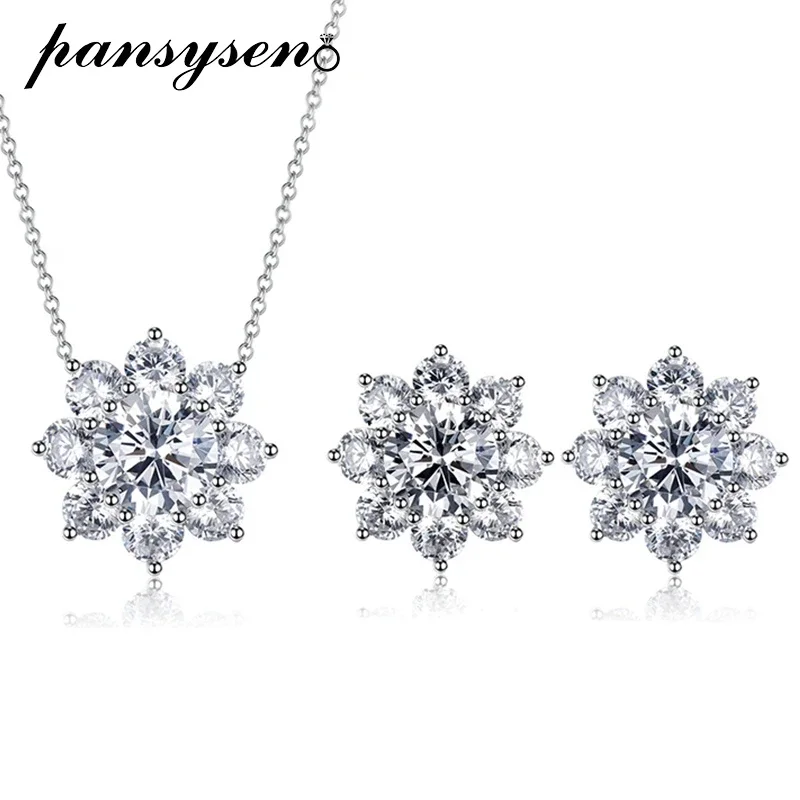 PANSYSEN Top Quality 100% 925 Sterling Silver 8MM Flower High Carbon Diamond Necklace Earrings Jewelry Sets Women Wedding Gift