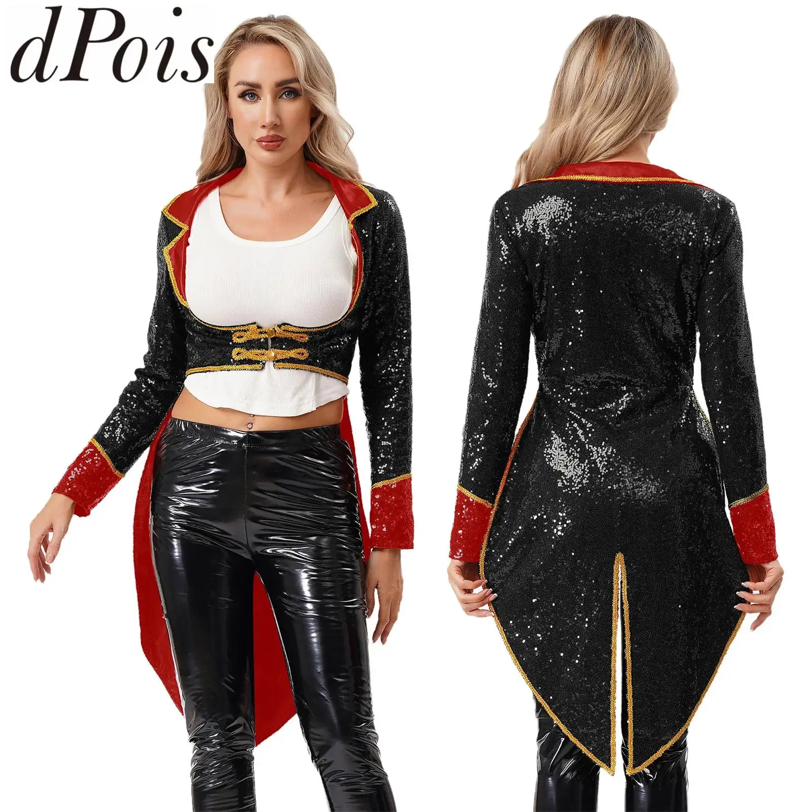 

Женская цирковая куртка с блестками, смокинг, пальто, костюм на Хэллоуин, карнавальный фрак с изображением льва, пиджак Showman, пальто, рейв-наряд