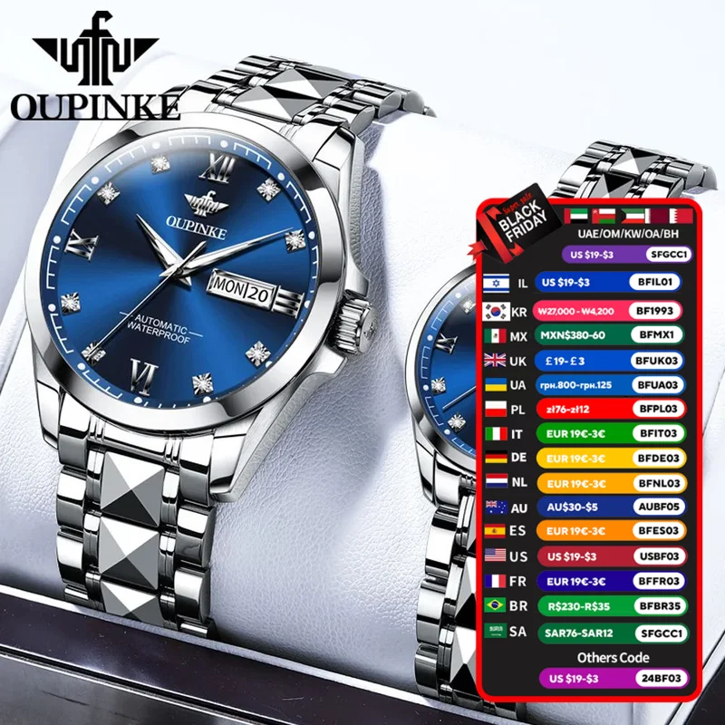 OUPINKE Diamond Couple Watch Classic Luxury Automatid Mechanical Wrist Watch Gifts For Women Wterproof Tungsten Steel Strap 3262