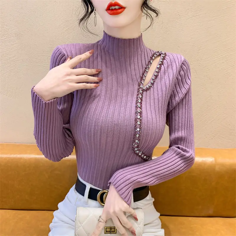 Slim Fit Female Pullover Hollow Turtleneck with Rhinestones Sequin Knitted Sweaters for Women Purple Original Korean Fashion