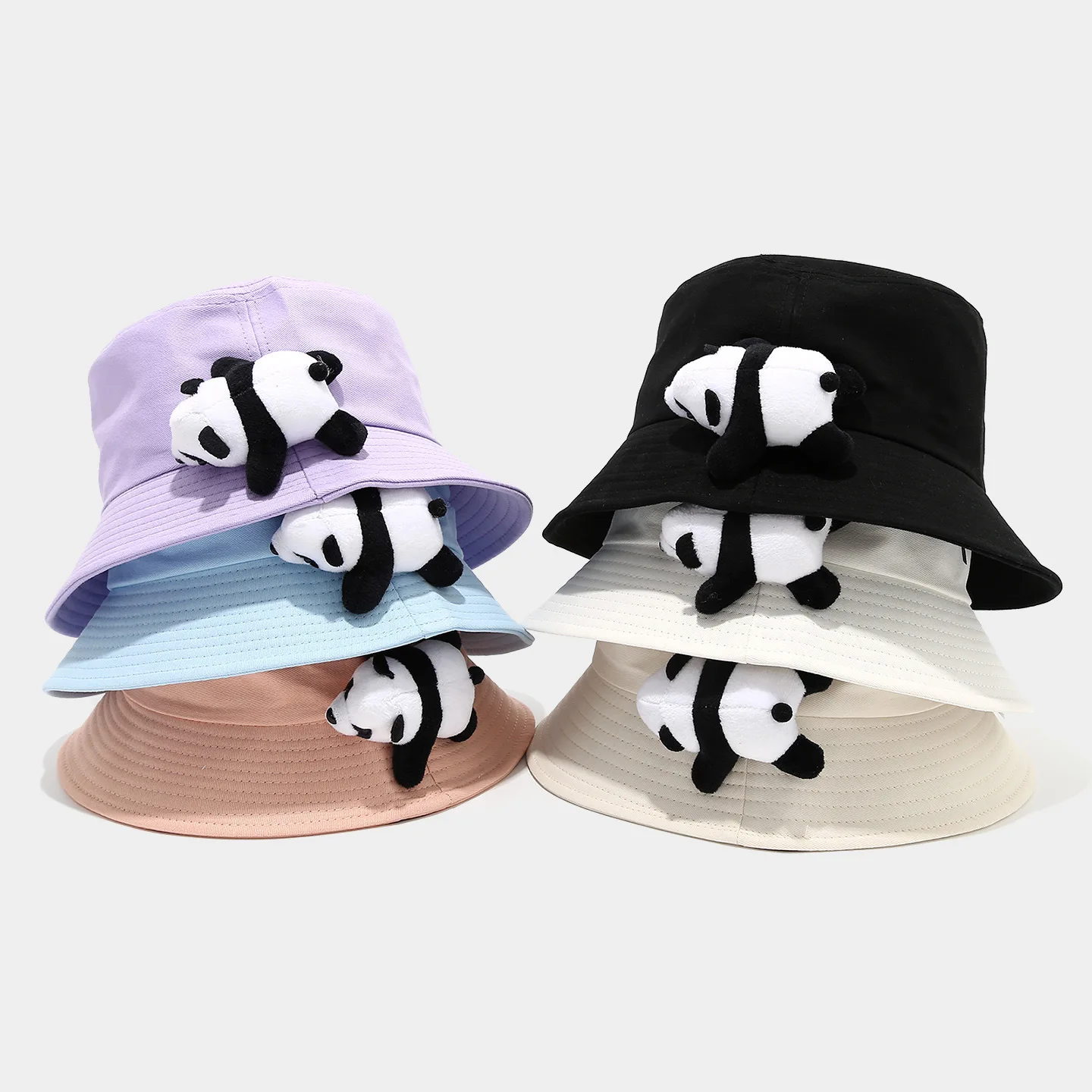 Unisex Bucket Hats Japanese Cute Cartoon Panda Solid Color Simple Kawaii Sweet Versatile Bucket Hat Big Brim Cotton Sunshade Cap